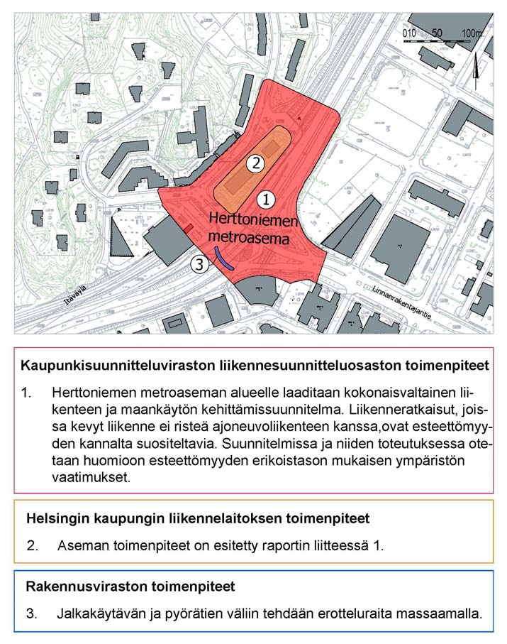 4.5 Helsingin kaupungin liikennelaitoksen toimenpiteet Herttoniemen metroasema ympäristöineen tulee muuttumaan lähivuosina, joten esteettömyystarkastelussa pyrittiin löytämään pieniä korjaustarpeita,