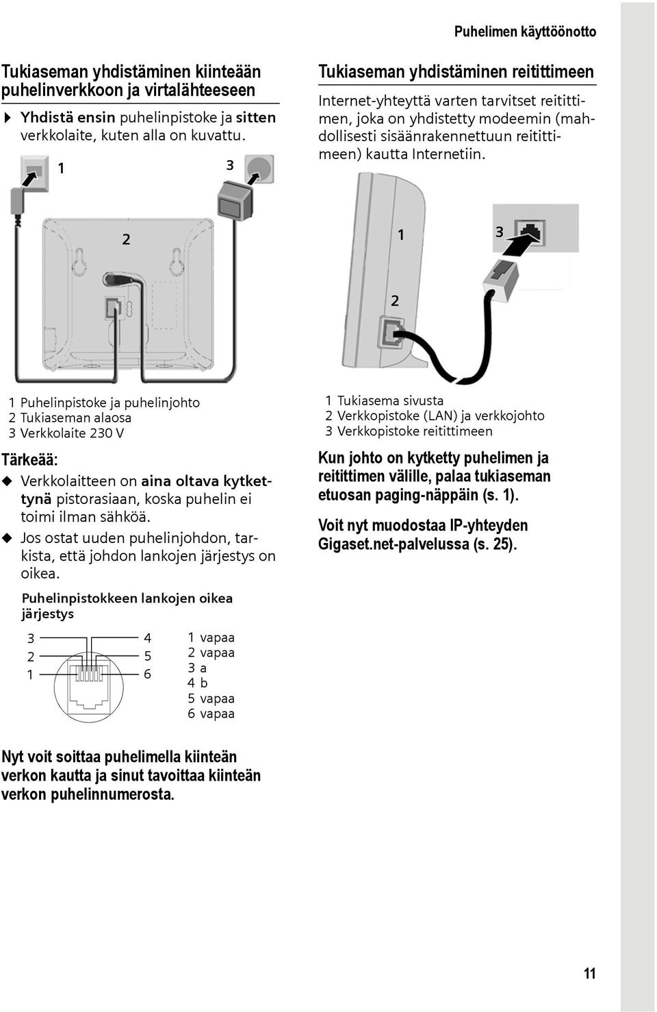 3 2 1 3 2 1 Puhelinpistoke ja puhelinjohto 2 Tukiaseman alaosa 3 Verkkolaite 230 V Tärkeää: u Verkkolaitteen on aina oltava kytkettynä pistorasiaan, koska puhelin ei toimi ilman sähköä.