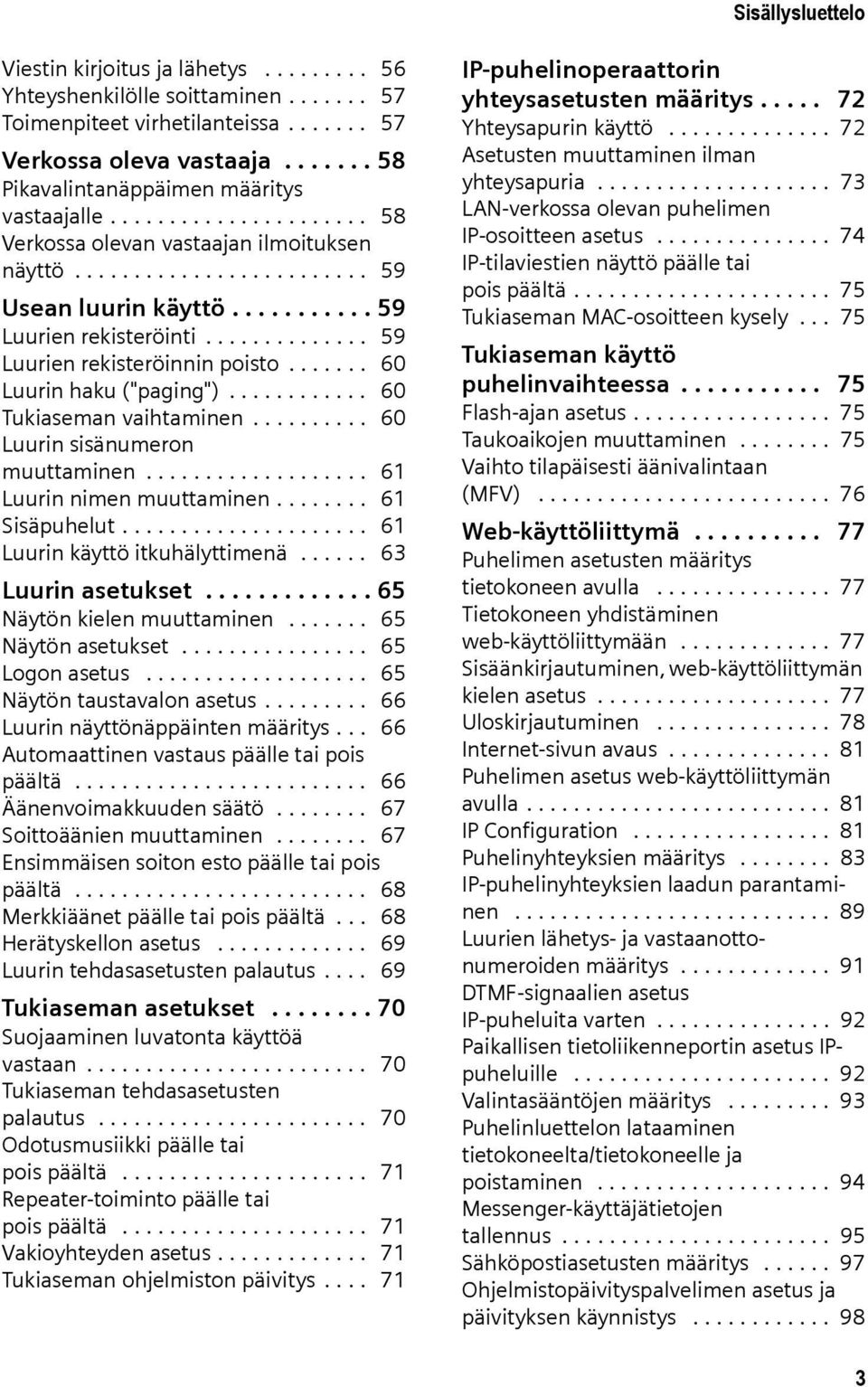 ............. 59 Luurien rekisteröinnin poisto....... 60 Luurin haku ("paging")............ 60 Tukiaseman vaihtaminen.......... 60 Luurin sisänumeron muuttaminen................... 61 Luurin nimen muuttaminen.