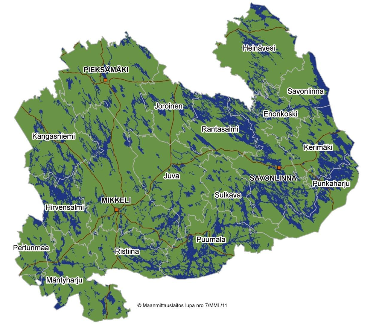 Province of Etelä-Savo Area 18 768 km 2 including forests 88% of the area internal waters 4 785 km 2 over 4 7 lakes 14 islands Lake Saimaa 3 8 km 2 shoreline 3 12 km Saimaa