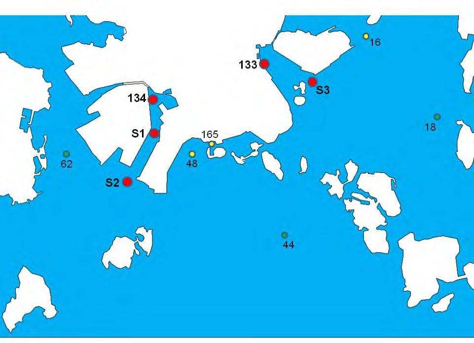 Taulukko 7.1. Länsisataman ja Eteläsataman vesistövaikutusten tarkkailun havaintopaikat (EUREF-FIN ETRS89), sekä näytteenottosyvyydet Länsisatama 134 Hietalahti 60 9' 37.033'' 24 55' 22.
