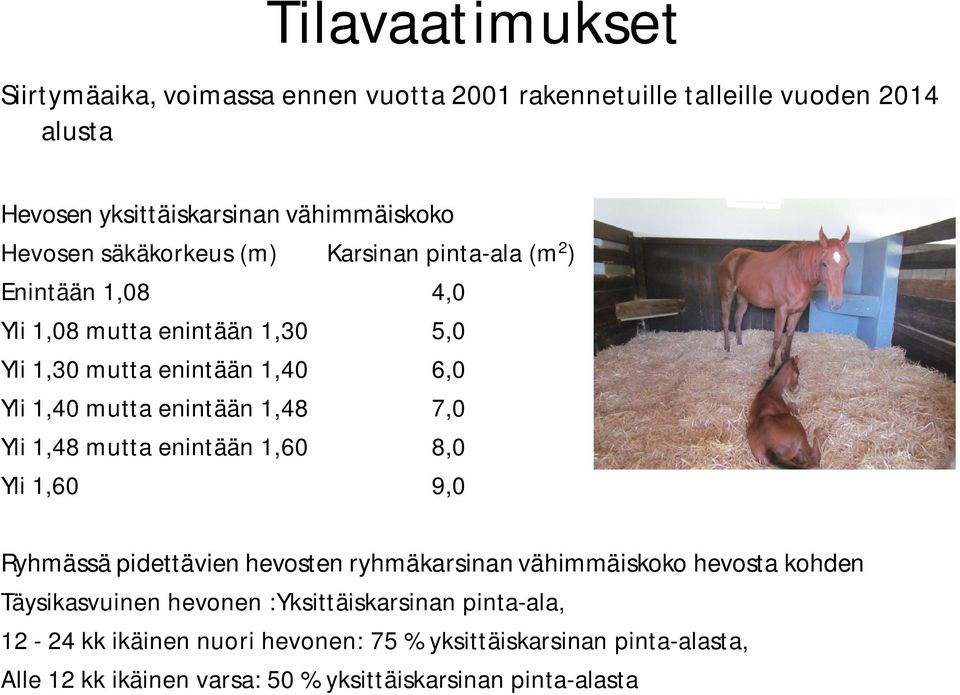 1,48 7,0 Yli 1,48 mutta enintään 1,60 8,0 Yli 1,60 9,0 Ryhmässä pidettävien hevosten ryhmäkarsinan vähimmäiskoko hevosta kohden Täysikasvuinen hevonen