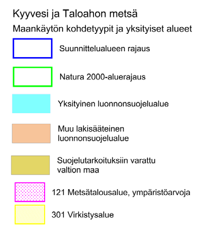 20 Kuva 2A. Puulan ja Kyyveden Natura-aluekokonaisuuden maankäytön kohdetyypit sekä yksityiset alueet: Kyyvesi ja Taloahon metsä.