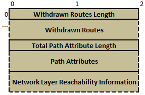 18 UPDATE-viestin viimeinen kenttä on vaihtelevan mittainen Network Layer Reachability Information (NLRI).