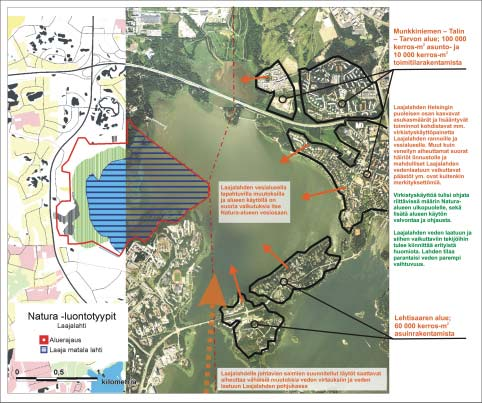 Kuva 25. Yhteenvetokartta Laajalahden lintuvesi -Natura-alueeseen kohdistuvista Yleiskaavan vaikutuksista ja niiden ehdotetuista lieventämistoimenpiteistä.