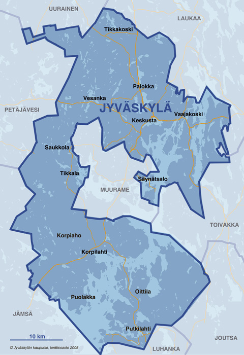 Jyväskylä 1.1.2009 Jyväskylä, Jyväskylän maalaiskunta ja Korpilahti yhteen Maapinta-ala kymmenkertaiseksi 1,171 km2 Vesialue 295 km2 7.