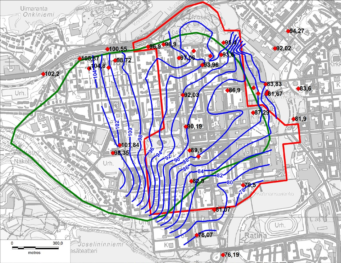 6.9 Pohjavedet 6.9.1 Lähtötiedot ja menetelmät Lähtötietoina on käytetty Tampereen kaupungin toteuttamia maaperäkairauksia ja alueelle asennettuja pohjavesiputkia, Geologian tutkimuskeskuksen