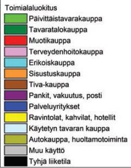 Palvelut Oheisessa kuvassa (Kuva 6.84) on esitetty läntisen keskustaalueen liiketilojen toimialat luokittain jaoteltuna. Läntisen keskustan kauppakortteleiden raja on jyrkkä.