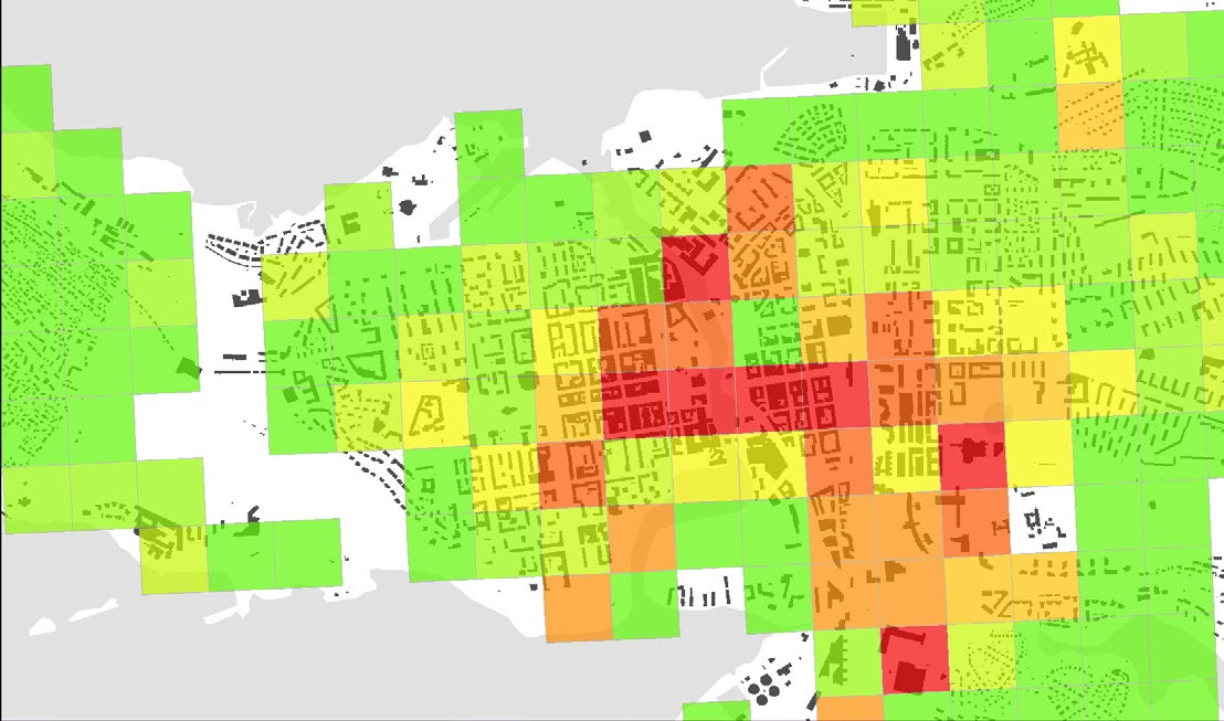 Kuva 6.86. Työpaikkatiheys Tampereen keskusta-alueella. (Lähde: WSP Finland Oy & Tampereen kaupunki 2014a). Kuva 6.85. Pendelöinti Pirkanmaalla.