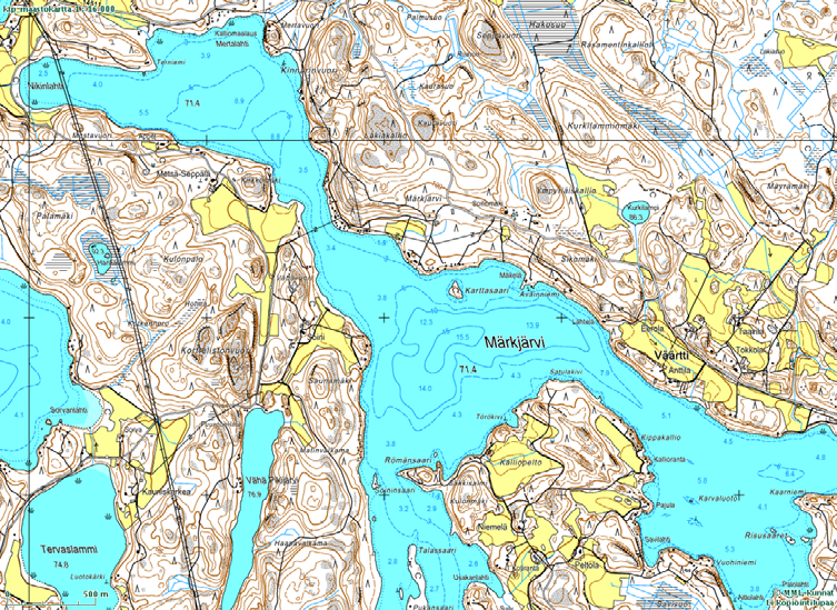 Märkjärvi, vesipinta ala syvyysvyöhykkeittäin (ha) 2 18 16 45 14 4 12 35 Syvyys, m Syvyys, m 3 1 25 8 2 6 15 4 1 2 5 1 2 3 4 5 6 7 8 9 1 11 12 13 14 15 Märkjärvi, tilavuus syvyysvyöhykkeittäin (13