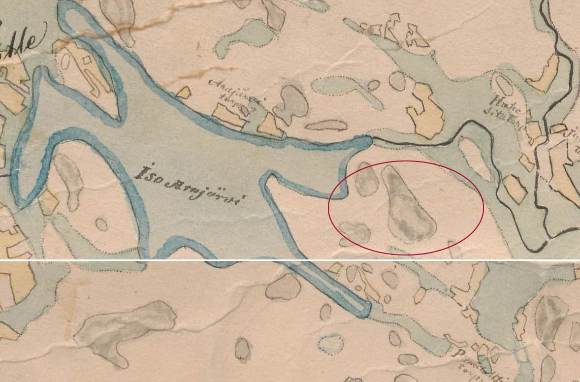 4 Vanhoja karttoja Ote Kalmbergin kartasta vuodelta 1855. Tutkimusalue on punaisen suorakaiteen sisällä.