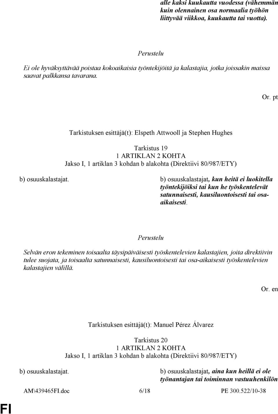 pt Tarkistuksen esittäjä(t): Elspeth Attwooll ja Stephen Hughes Tarkistus 19 Jakso I, 1 artiklan 3 kohdan b alakohta (Direktiivi 80/987/ETY) b) osuuskalastajat.