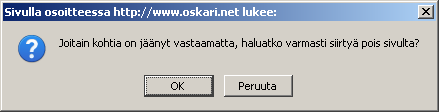 Kun olet vastannut viimeisen osan kysymyksiin pääset raportit-sivulle painamalla Raportit -painonappia Jos jokin kohta on jäänyt vastaamatta tulee seuraava ilmoitus Joitakin kohtia on