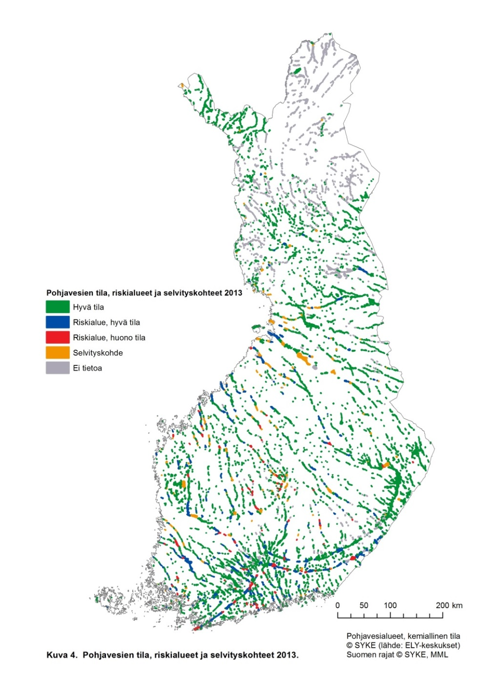 Kuva 4. Pohjavesien tila, riskialueet ja selvityskohteet 2013.