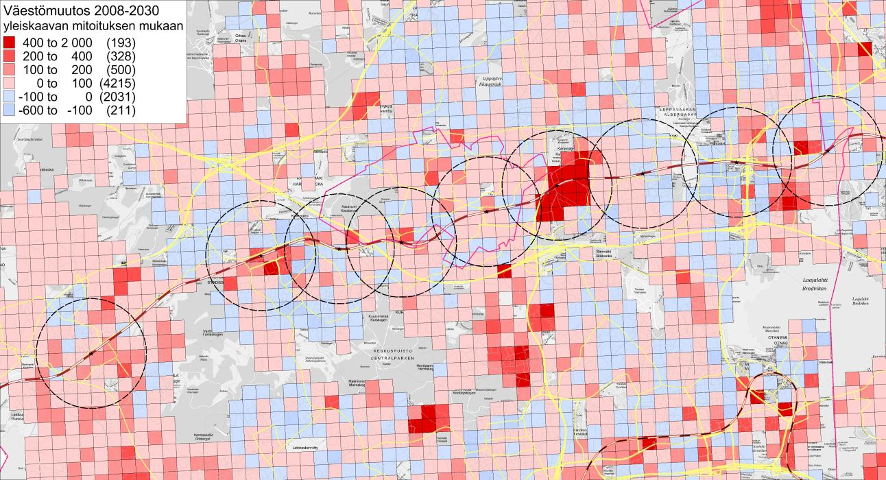 21 5 Liityntäasemien kysyntätarkastelu Kauklahti Helsinki -välillä Kuvissa 12 ja 13 on esitetty Espoon ja Kauniaisten nykyiset (vuosi 2008) asukasmäärät ja niiden muutosennuste vuoteen 2035 mennessä.