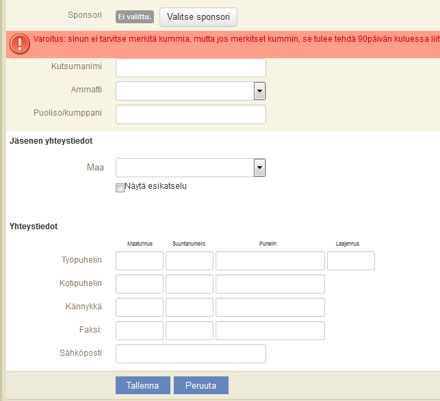UUSI JÄSEN 3 Jatkuu Sponsori =kummi (aukeaa uusi ikkuna, katso Kummin lisäys) Kutsumanimi Ammatti (valikosta) Puoliso/kumppani Maa ((valitaan valikosta jolloin aukeaa uusia kenttiä johon osoitetiedot
