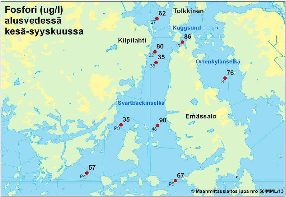Kuva 7. Alusveden keskimääräinen fosforitaso (µg/l) Porvoon edustan merialueella kesällä (kesäsyyskuu) 2012.