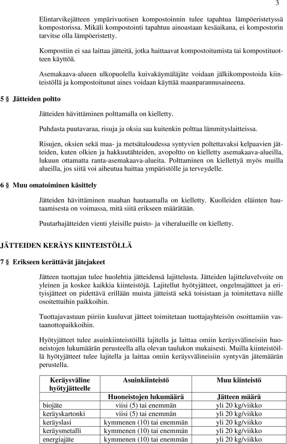 Asemakaava-alueen ulkopuolella kuivakäymäläjäte voidaan jälkikompostoida kiinteistöllä ja kompostoitunut aines voidaan käyttää maanparannusaineena. Jätteiden hävittäminen polttamalla on kielletty.