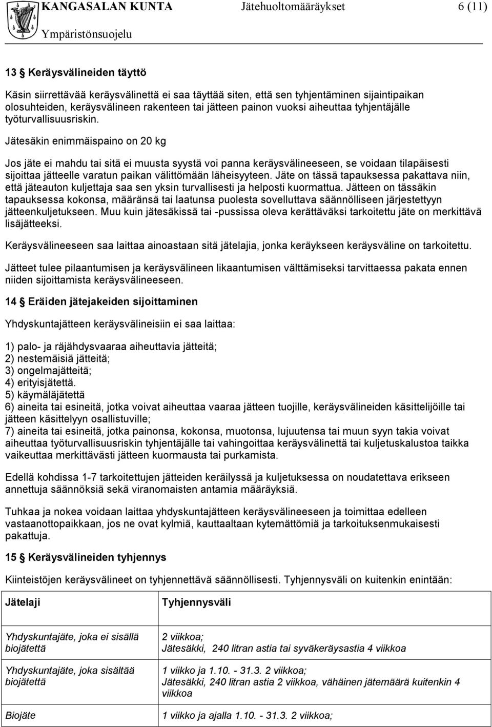 Jätesäkin enimmäispaino on 20 kg Jos jäte ei mahdu tai sitä ei muusta syystä voi panna keräysvälineeseen, se voidaan tilapäisesti sijoittaa jätteelle varatun paikan välittömään läheisyyteen.