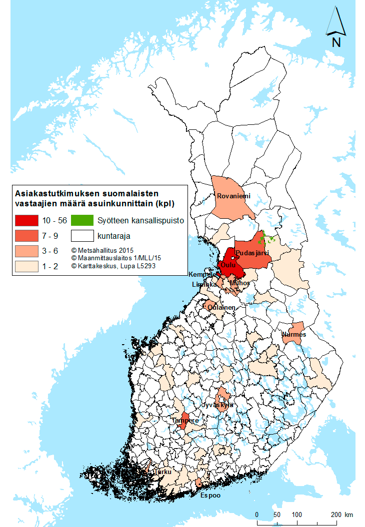 Kuva 5. Asiakastutkimukseen osallistuneiden suomalaisten vastaajien kotikunnat.
