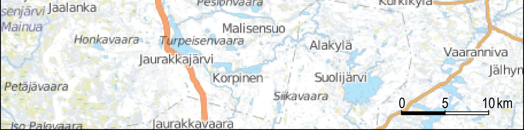 14 Kuva 3-3. Suunnitellun tuulipuiston likimääräinen sijainti Pudasjärvellä.