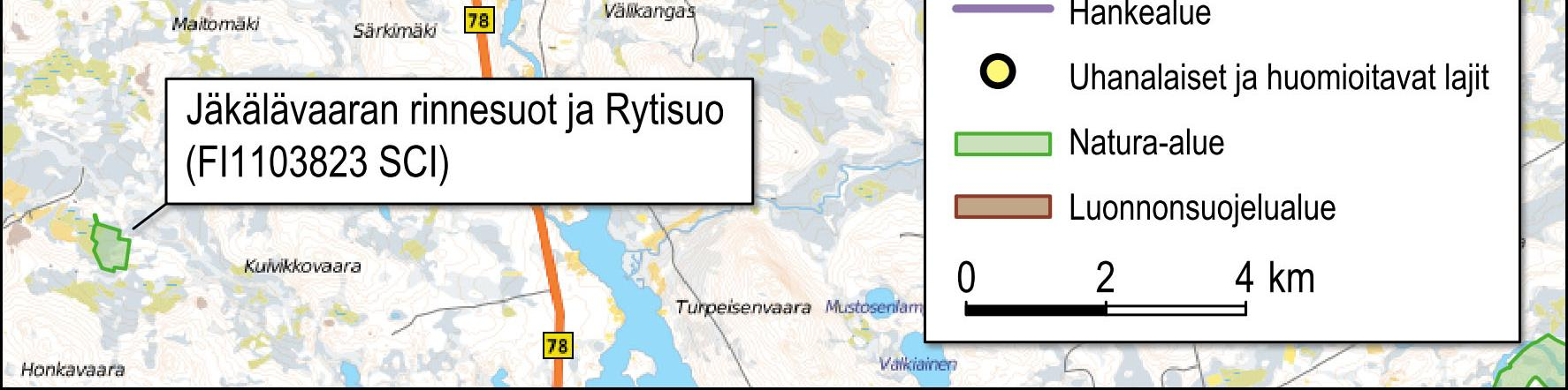 43 Kuva 4-8. Suunnitellun tuulipuiston läheisyydessä sijaitsevat Natura 2000-alueet, luonnonsuojelualueet, luonnonsuojeluohjelmien alueet sekä uhanalaisten ja huomioitavien lajien esiintymät. 4.5 Maa- ja kallioperä sekä vesistöt 4.