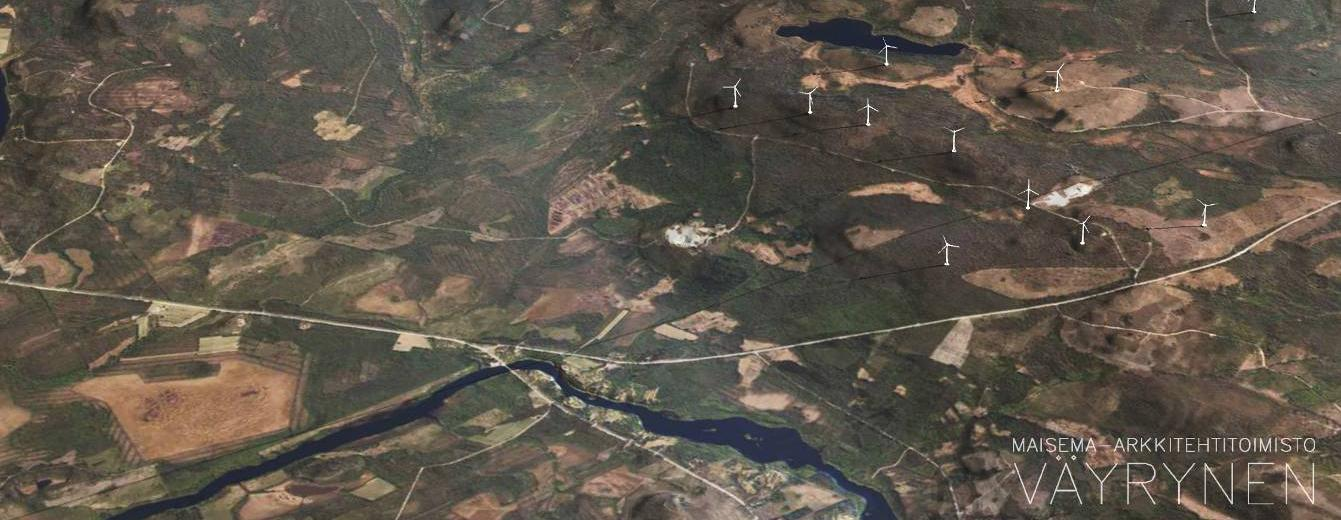 56 Kuva 5-3. Voimalat mallinnetussa ilmakuvassa. Ilmakuva on lounaasta päin. 5.5 Vaikutukset muinaisjäännöksiin Tuulipuiston hankealueella on Metsähallitus suorittanut kulttuuriperintöinventoinnin v.