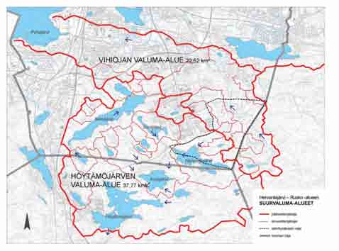 3.4.4. Suurvaluma-alueet Selvitysalueen läpi kulkee Vihiojan valuma-alueen päävedenjakaja kahdessa eri osassa, joista toinen ainoastaan hyvin lyhyen matkan selvitysalueen koillisreunassa.