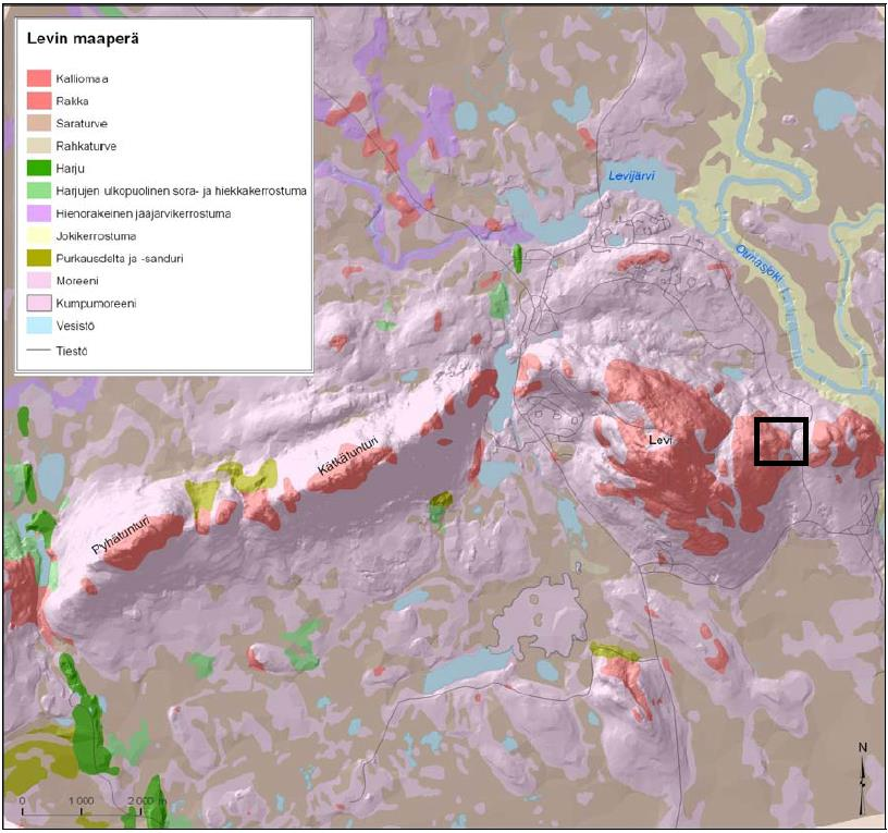 Kuva 2. Levin alueen maaperä. Kartta Metlan julkaisusta (Uusitalo 2006). Mustalla neliöllä on esitetty Utsuvaaran asemakaava-alueen sijainti. 4 VESISTÖT Selvitysalueella ei ole pohjavesialueita.