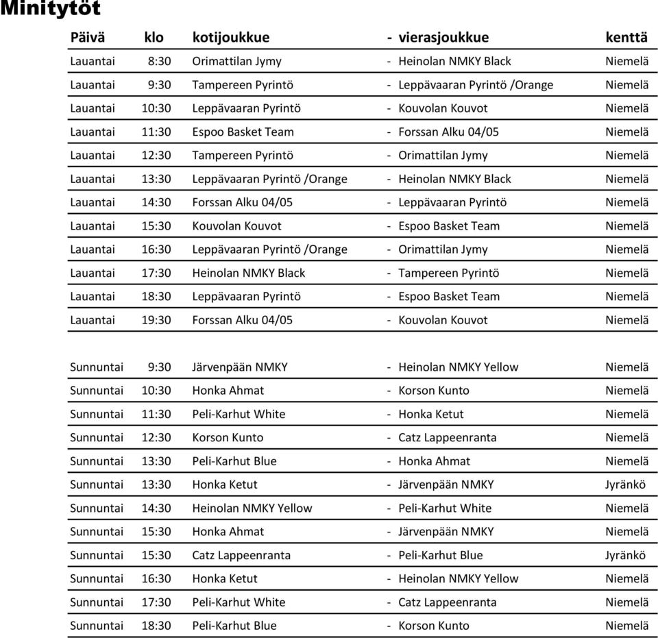 Niemelä Lauantai 14:30 Forssan Alku 04/05 - Leppävaaran Pyrintö Niemelä Lauantai 15:30 Kouvolan Kouvot - Espoo Basket Team Niemelä Lauantai 16:30 Leppävaaran Pyrintö /Orange - Orimattilan Jymy