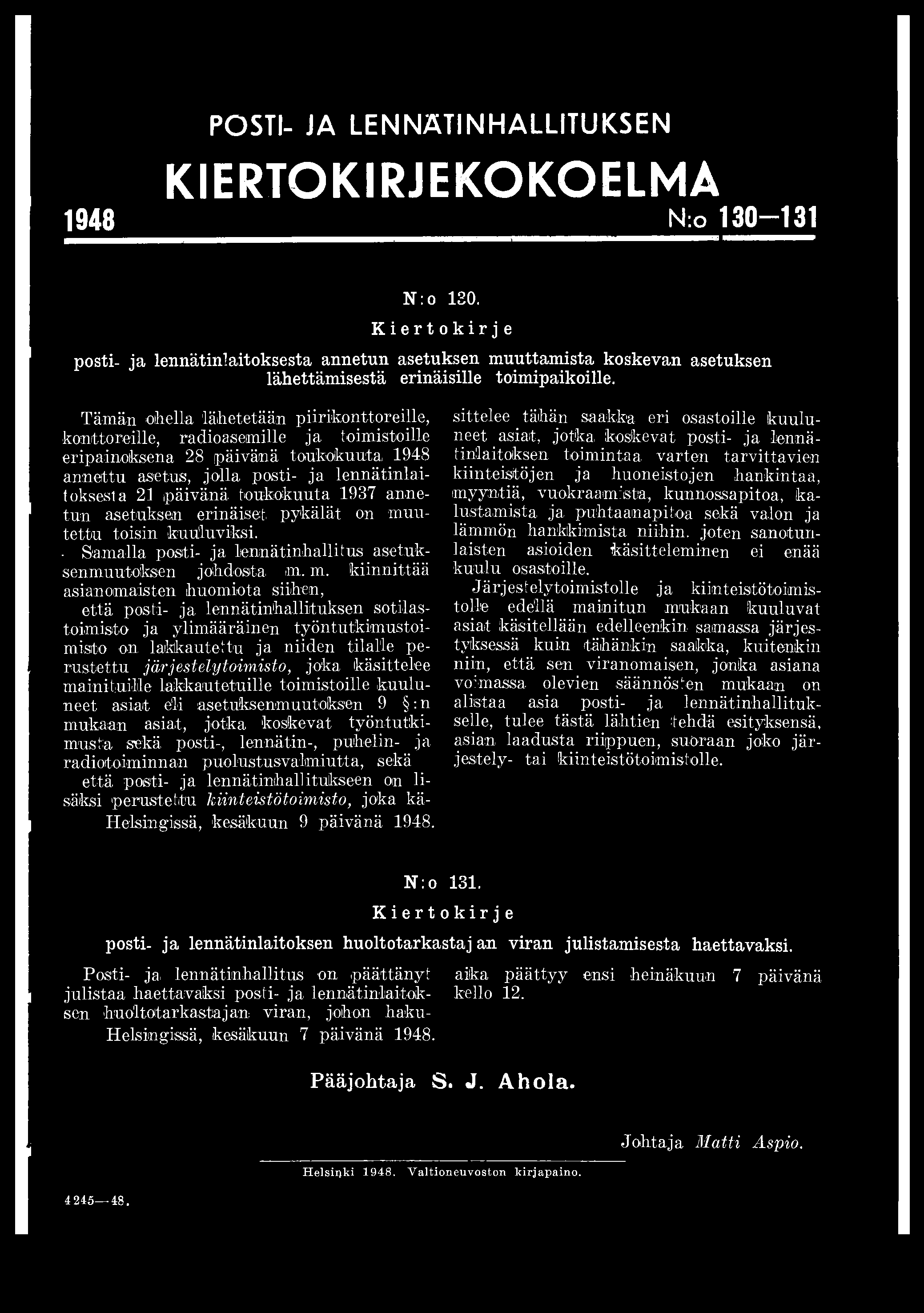 POSTI- JA LENNÄTINHALLITUKSEN KIERTOKIRJEKOKOELMA 1948 N:o 130-131 N:o 130.