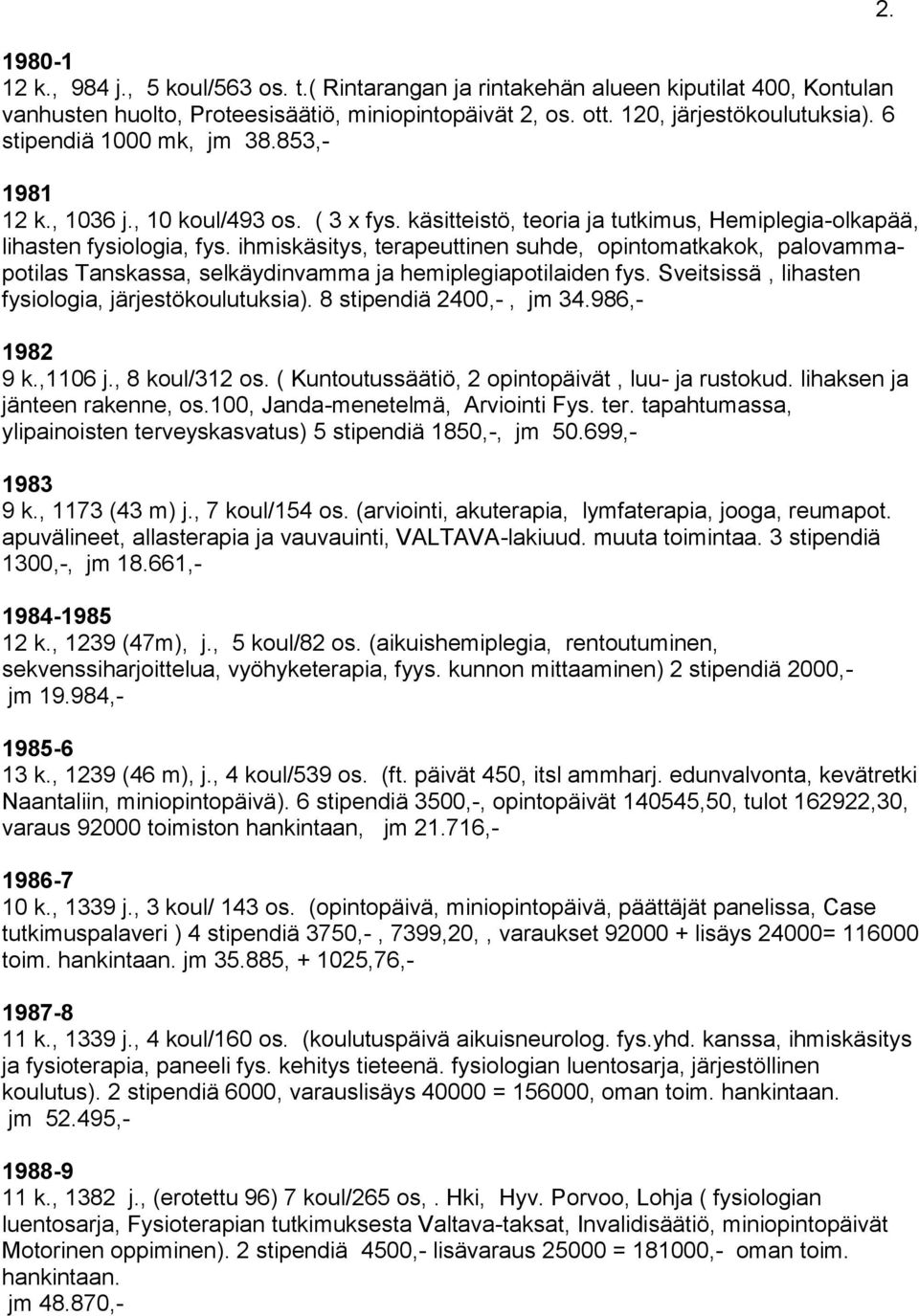 ihmiskäsitys, terapeuttinen suhde, opintomatkakok, palovammapotilas Tanskassa, selkäydinvamma ja hemiplegiapotilaiden fys. Sveitsissä, lihasten fysiologia, järjestökoulutuksia).