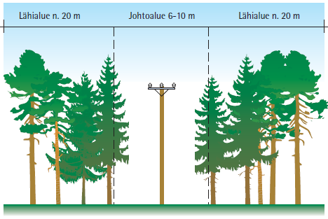 on tavallisesti 10 m ja päällystetyillä johdoilla 6 m (kuva 3). Metsäosuuksien vikaherkkyyteen vaikuttaa puuston laatu sekä sen suojaisuus.(tapio 2013.) 14 KUVA 3.