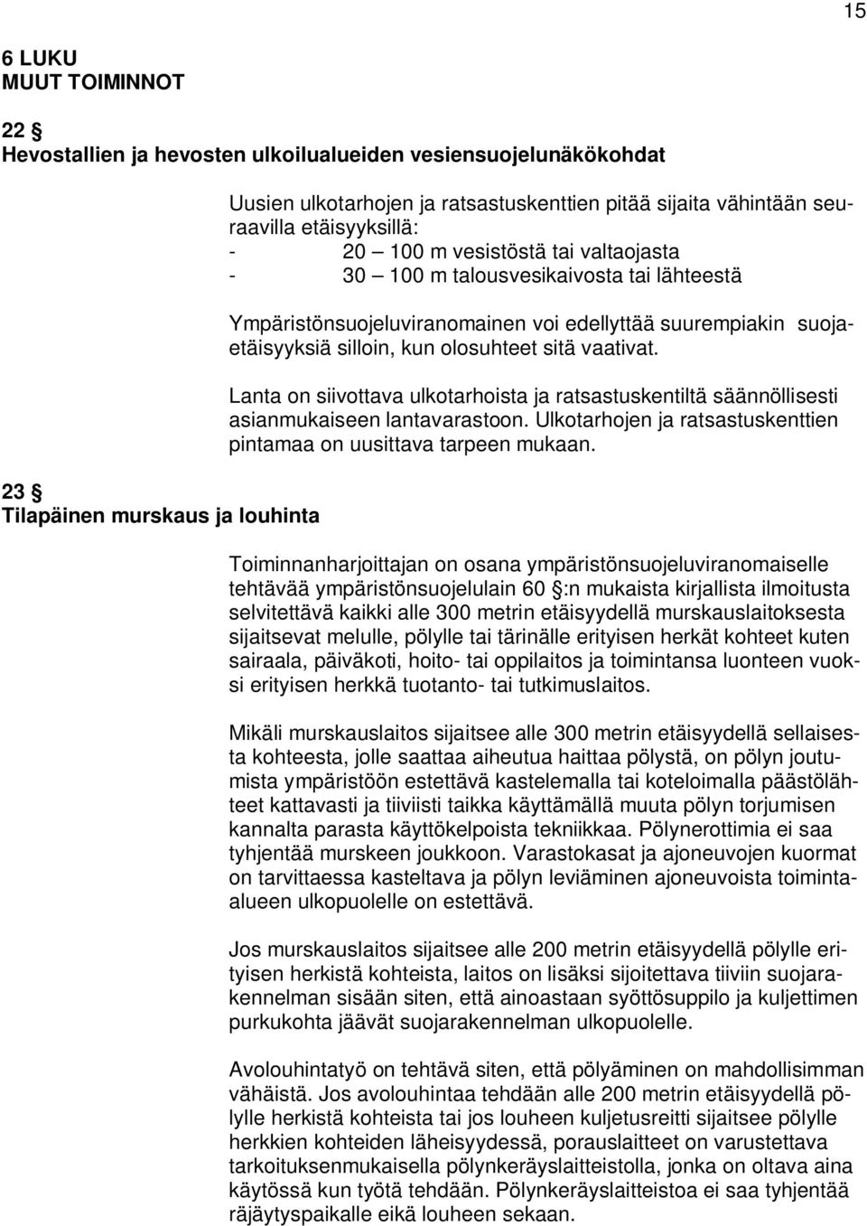 olosuhteet sitä vaativat. Lanta on siivottava ulkotarhoista ja ratsastuskentiltä säännöllisesti asianmukaiseen lantavarastoon. Ulkotarhojen ja ratsastuskenttien pintamaa on uusittava tarpeen mukaan.