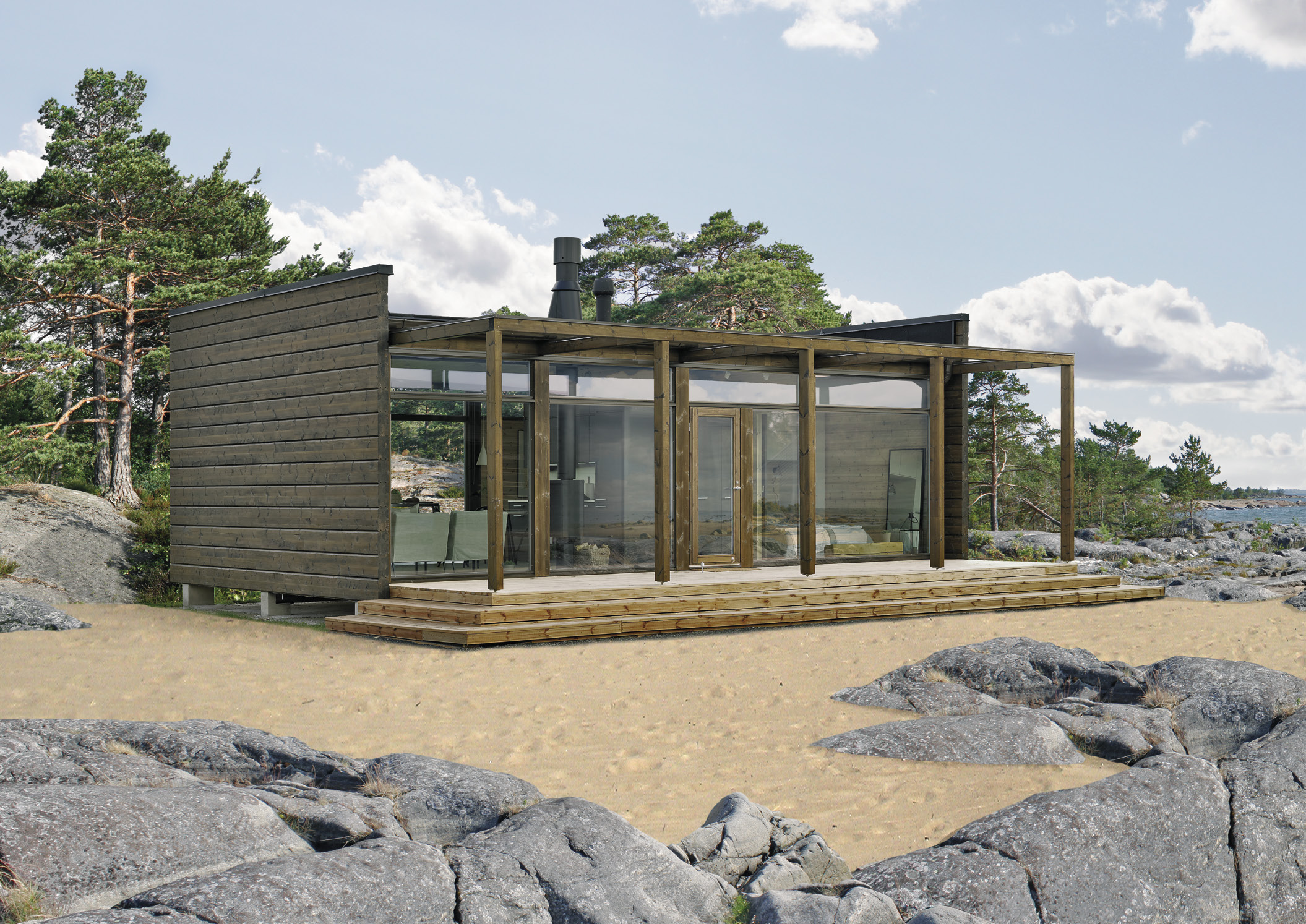 Glass House 50A harjakatto pergolalla KONTIO G l a ss House 50 mt pe Kontio Glass House 50 A ja B malleissa yhtenäinen olohuonekeittiötila rakennuksen toisessa päädyssä tarjoaa näkymät kah- oh+ke et