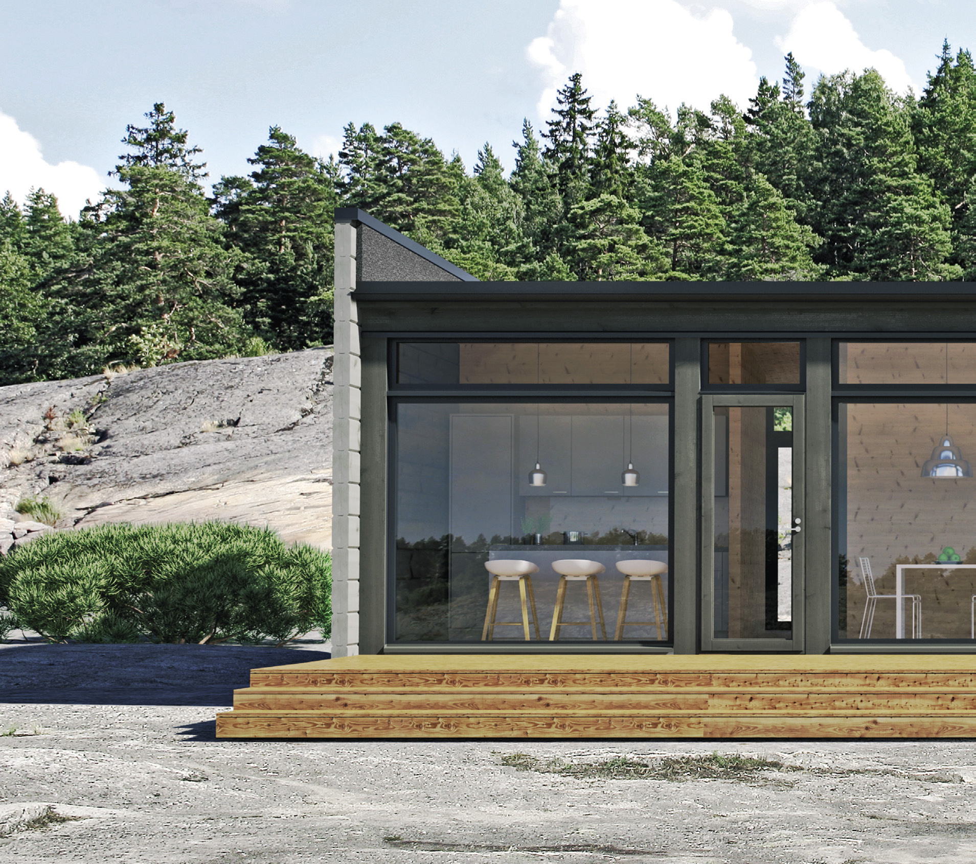 6 KONTIO Glass House 70 Kontio Glass House 70 C -mallissa olohuone, ruokailutila ja keittiö muodostavat yhtenäisen avoimen tilan päämaiseman puolelle.