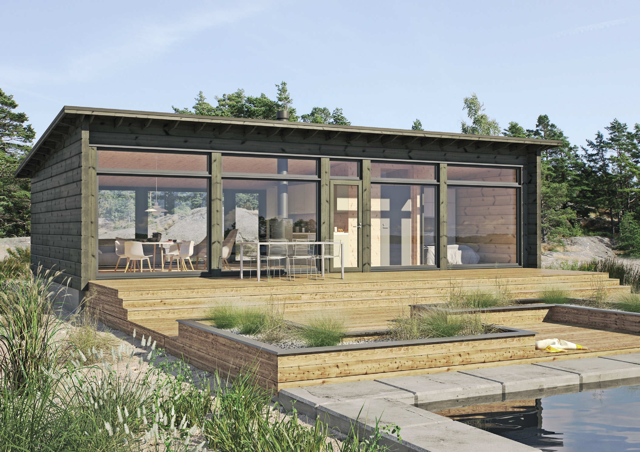 Glass House 70B pulpettikatolla KONTIO G l a ss House 70 mt oh+ke Kontio Glass House 70 A ja B malleissa yhtenäinen iso olohuone-keittiötila sijaitsee rakennuksen toisessa päädyssä, jolloin pe