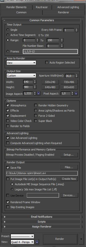 LIITE 1 5(5) Render setupista valitaan Time output kohdan alta renderöinnin pituudeksi 0 150 Sekä valitaan Output Size eli animaation resoluutio Valitse 640x480, se riittää tällaisen pienen testin