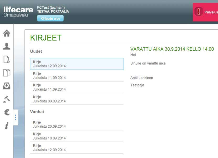 Kirjeet Näytöllä on jaoteltuna Uudet kirjeet (= lukematon/avaamaton) ja Vanhat (luettu/avattu) listoille. Oletuksena avautuu ensimmäinen listalla oleva Uudet-listan kirje, jos sellainen on.