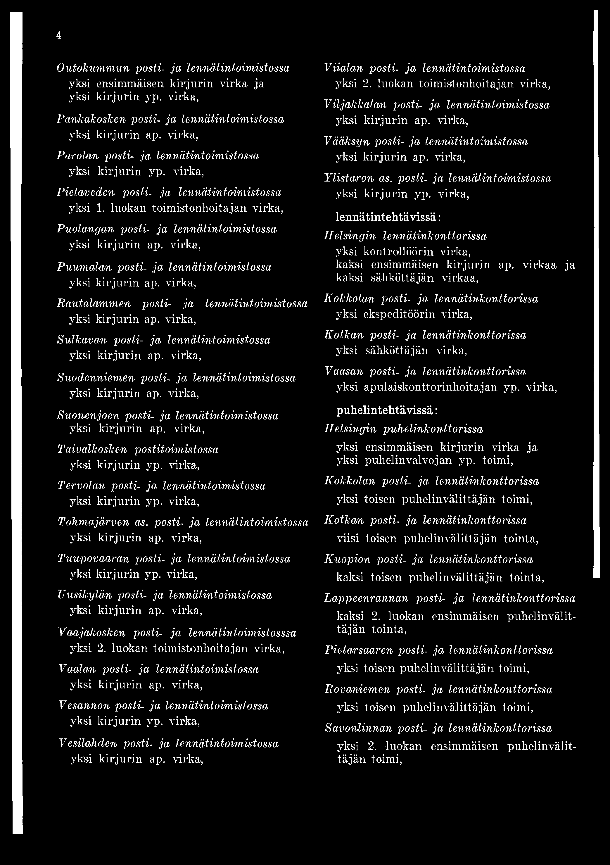 4 Outokummun posti- ja lennätintoimistossa Pankakosken posti- ja lennätintoimistossa Parolan posti- ja lennätintoimistossa Pielaveden posti- ja lennätintoimistossa yksi 1.