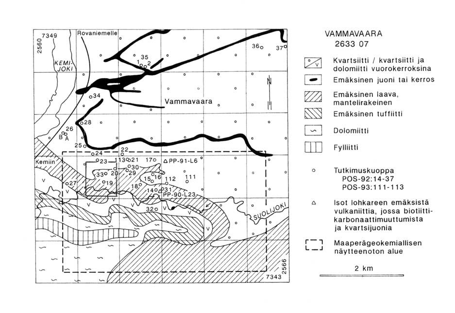 14 3.1.2 Vammavaaran kohdealue, karttalehti 2633 07 Kallioperä Vammavaaran kohdealueella koostuu Peräpohjan liuskealueen kerrossarjan yläosasta (kuva 6 ja taulukko 4).