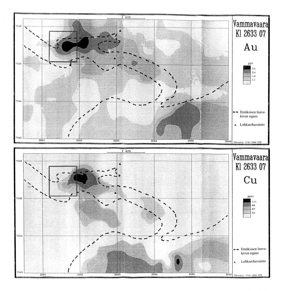 16 Kuva 8. Kullan ja kuparin jakautuminen moreenin hienoaineksessa (raekoko <0.06 mm) kohdentavan moreenigeokemiallisen näytteenoton alueella Vammavaaran kohdealueen eteläosassa.