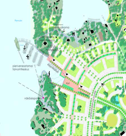 46 KOLME KYLÄÄ - VIHERALUEET, KATUYMPÄRISTÖT JA JULKISET KAUPUNKITILAT RAKENTAMISALUEILLA Omaleimaiset asuinalueet Vartiosaaren uusi rakentaminen jakaantuu luontevasti saaren topografiaa seuraten