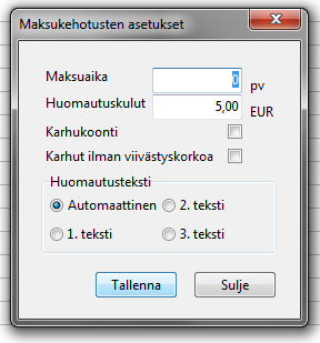 7. Muistutuslasku Paina Passelin aloitusnäytön yläpalkista laskutus - maksukehoitukset ja perintä Valitse yläpalkista Asetukset - Maksukehotusten asetukset (punaisella merkitty).