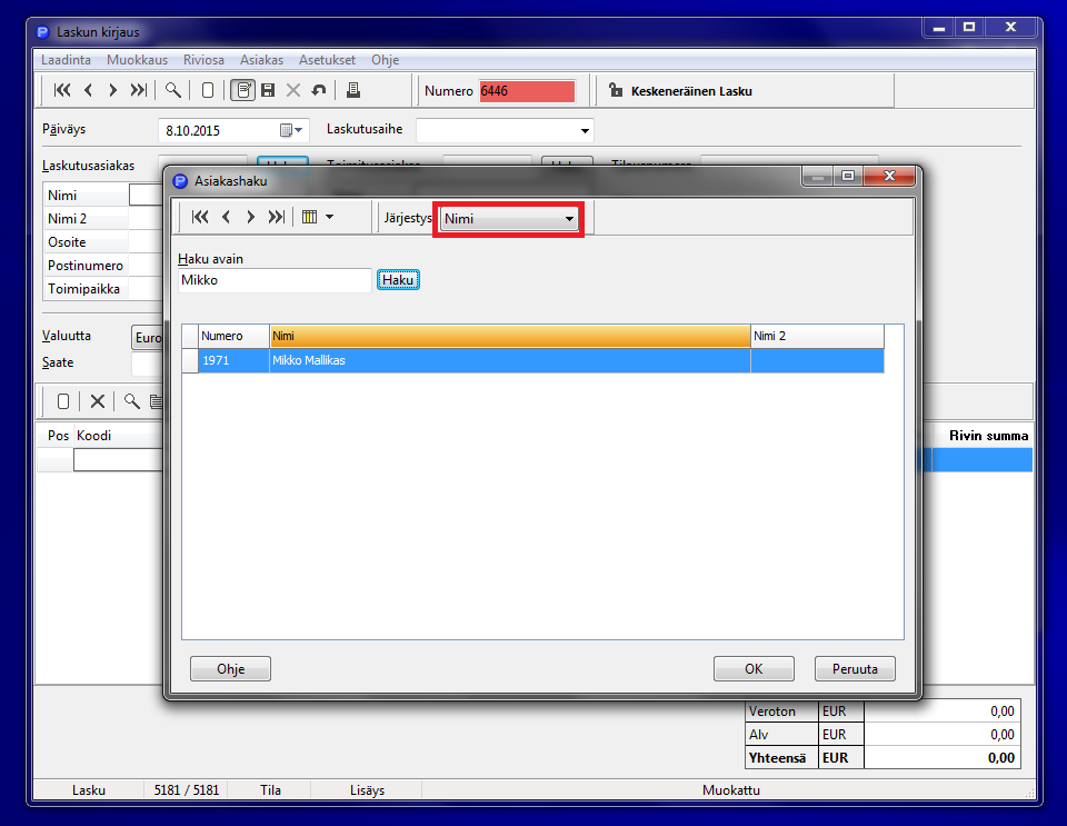 3. Uuden laskun tekeminen Uuden laskun pääset tekemään Uusi laskupainikkeesta. Haku -painikkeella voit hakea asiakaskortistosta asiakkaan tiedot suoraan (punaisella merkitty).