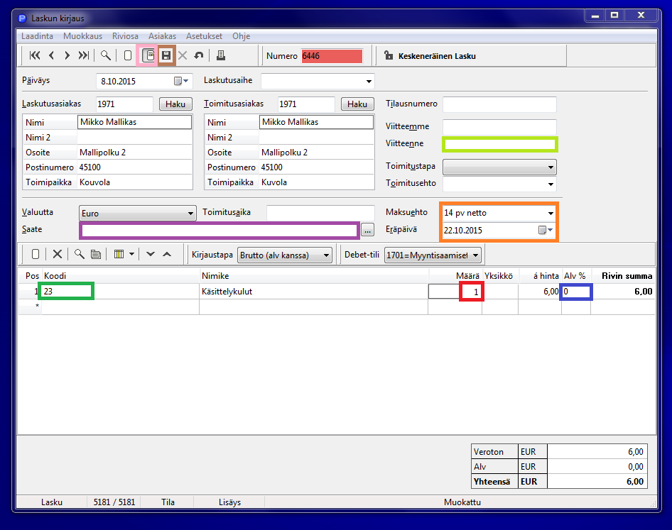 Kun asiakkaan tiedot ovat kentissä, luot uuden laskun Joillekin laskuille kohdennetaan vastaanottaja erikseen viitteenne - kenttään (vaaleanvihreällä merkitty).