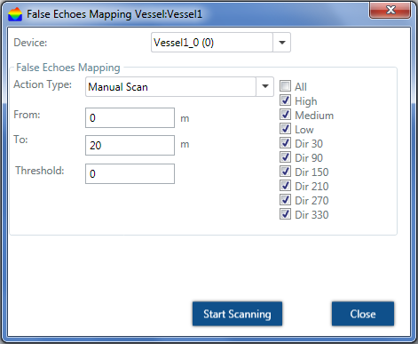 Valitse Device (laite) -valikosta Echo Curve Analysis (kaikukäyräanalyysi). Varmista sitten, että skannerin valintaruutu on valittu, ja valitse Start (käynnistä) -painike.