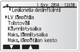 7. Kaukosäätimen käyttö Lämmin käyttövesi (DHW)/Legionellasuojatoiminto Lämpimän käyttöveden ja Legionellasuojatoiminnon valikot ohjaavat varaajaveden lämpeämistä. <LKV:n tuoton asetukset >.