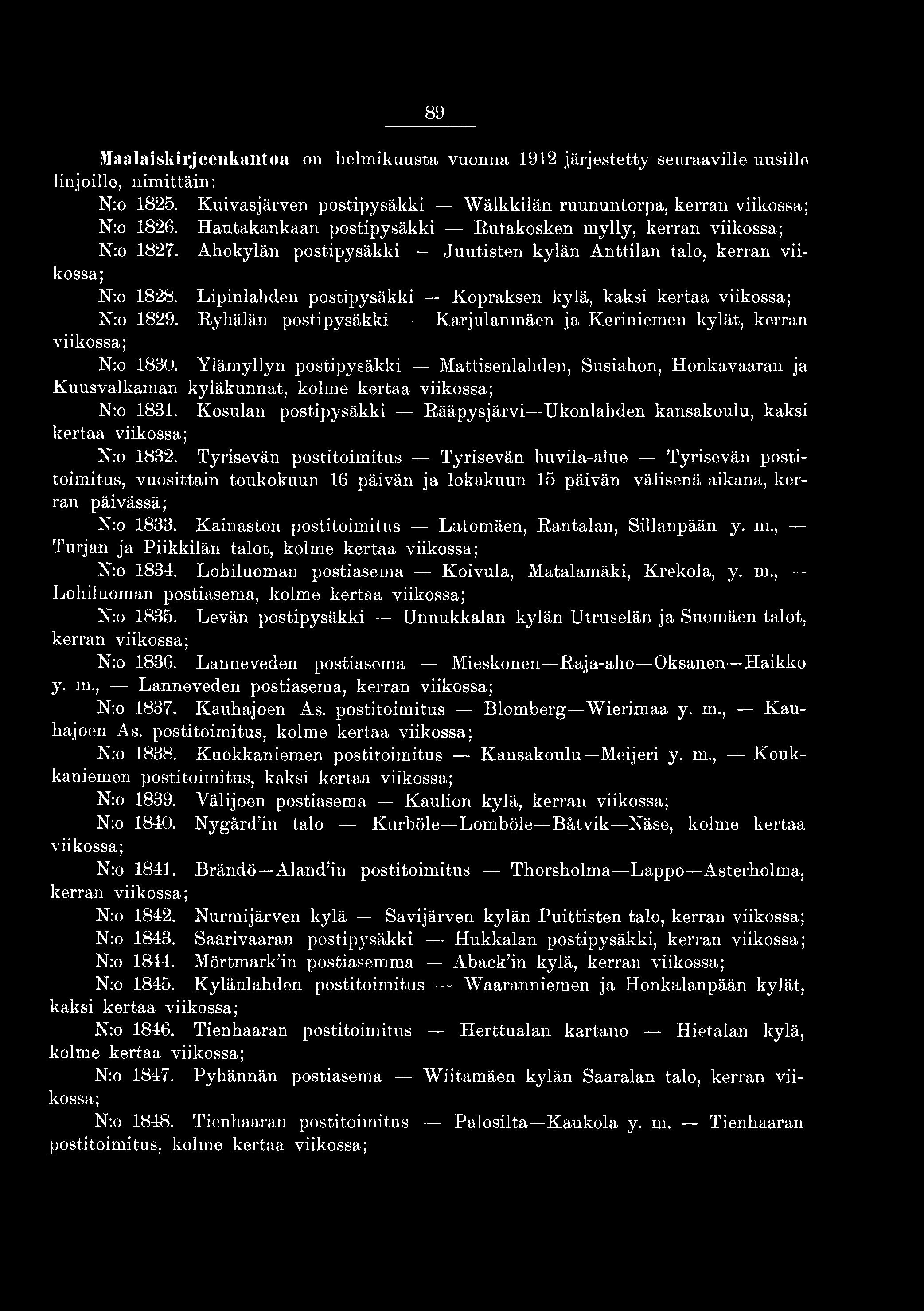 89 llaalaiskirjccnkantoa on helmikuusta vuonna 1912 järjestetty seuraaville uusille linjoille, nimittäin: N:o 1825. Kuivas järven postipysäkki Wälkkilän ruununtorpa, kerran viikossa; N:o 1826.