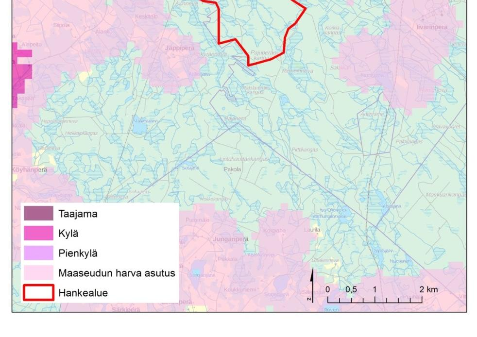 6 YMPÄRISTÖN NYKYTILA 6.1 Yhdyskuntarakenne ja maankäyttö 6.1.1 Asutus ja alueen muut toiminnot Pajuperänkankaan hankealue sijaitsee Haapajärven kaupungissa, n.